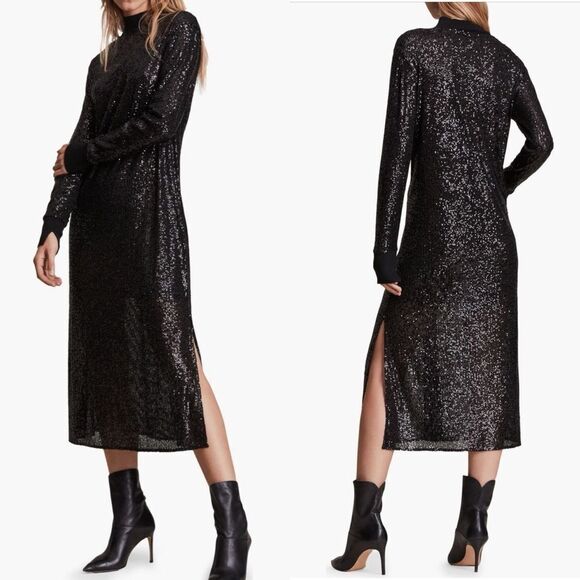 All Saints Sequin‎ Juela Midi Dress, Black, Cocktail Holiday Party, XS (0) NWT - Picture 1 of 9